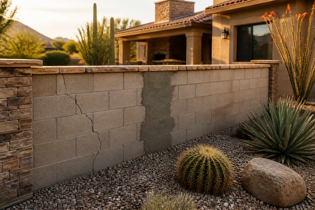Block wall repair on a Tucson masonry boundary wall