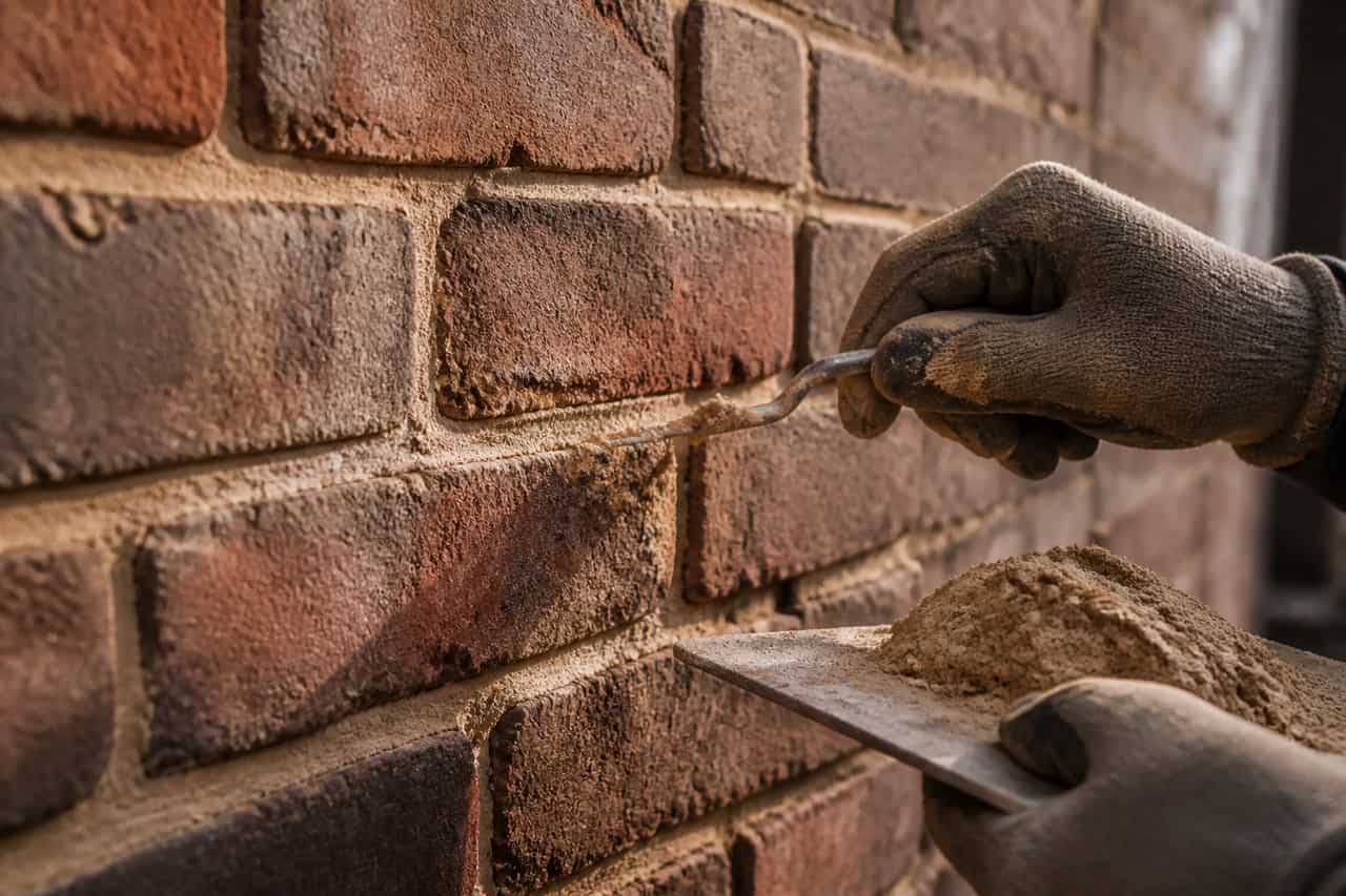Brick repointing close-up with fresh mortar in Tucson