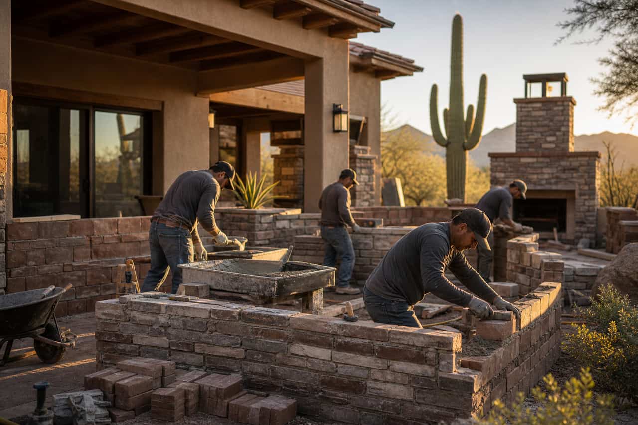 Tucson contractor team at work on masonry and exterior finishes