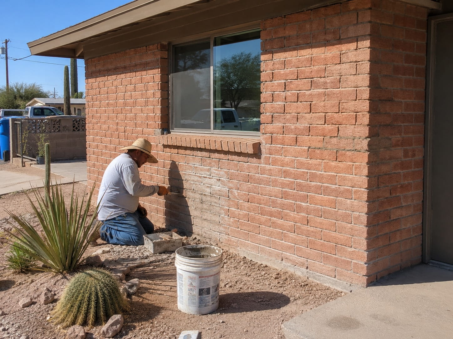 Mason working on brick corner detail at a Tucson home